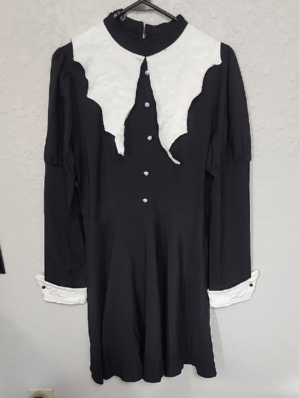 Black Long-Sleeve Dress with White Scalloped Collar